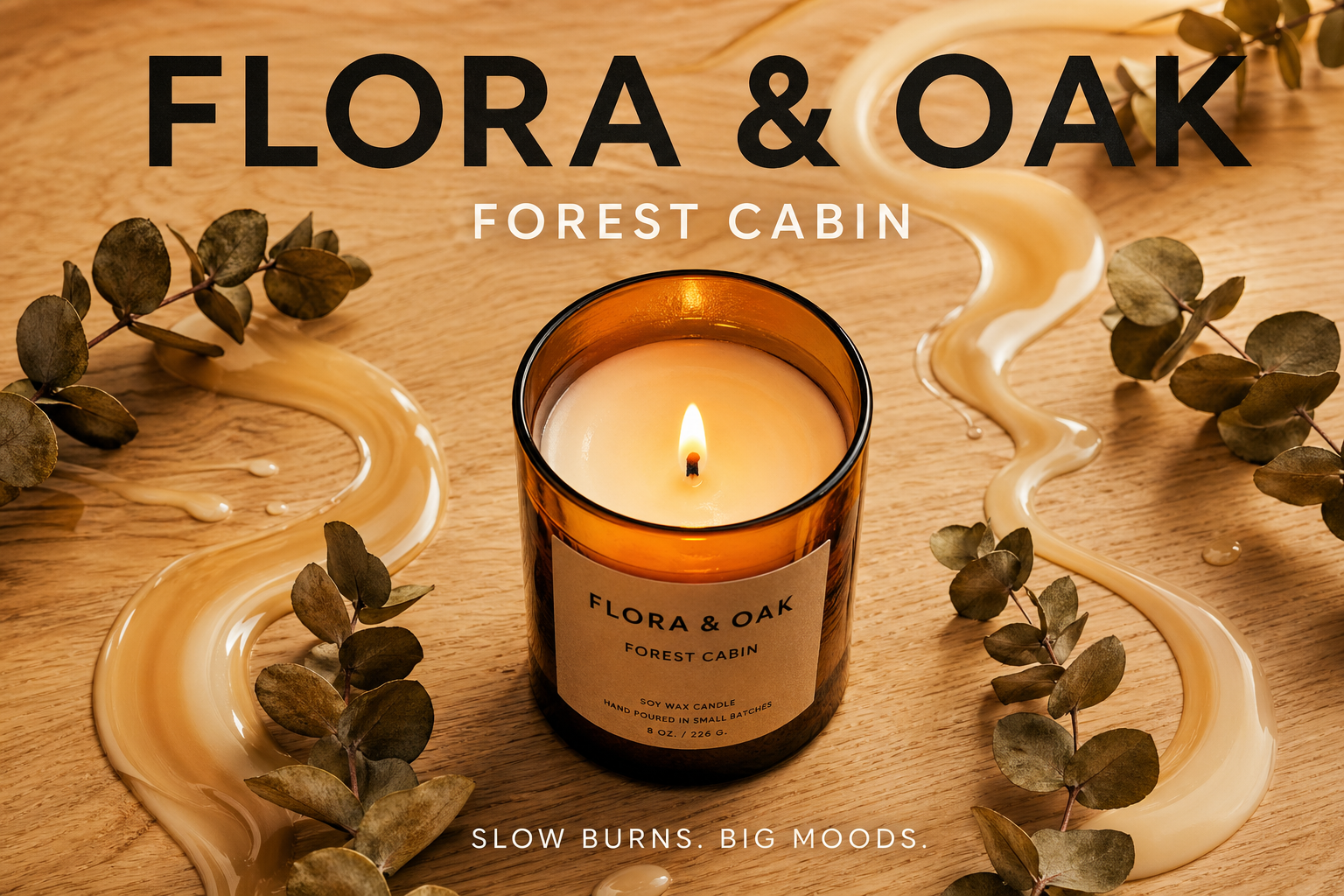 flora & oak candle ad creative — amber glass candle with eucalyptus and warm wax swirls on oak wood surface