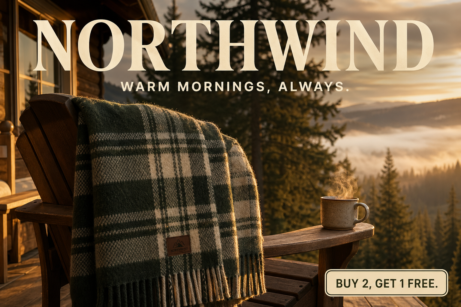 northwind blanket ad creative — folded forest-green plaid wool blanket on a wooden Adirondack chair at golden-hour dawn with pine trees and rolling fog